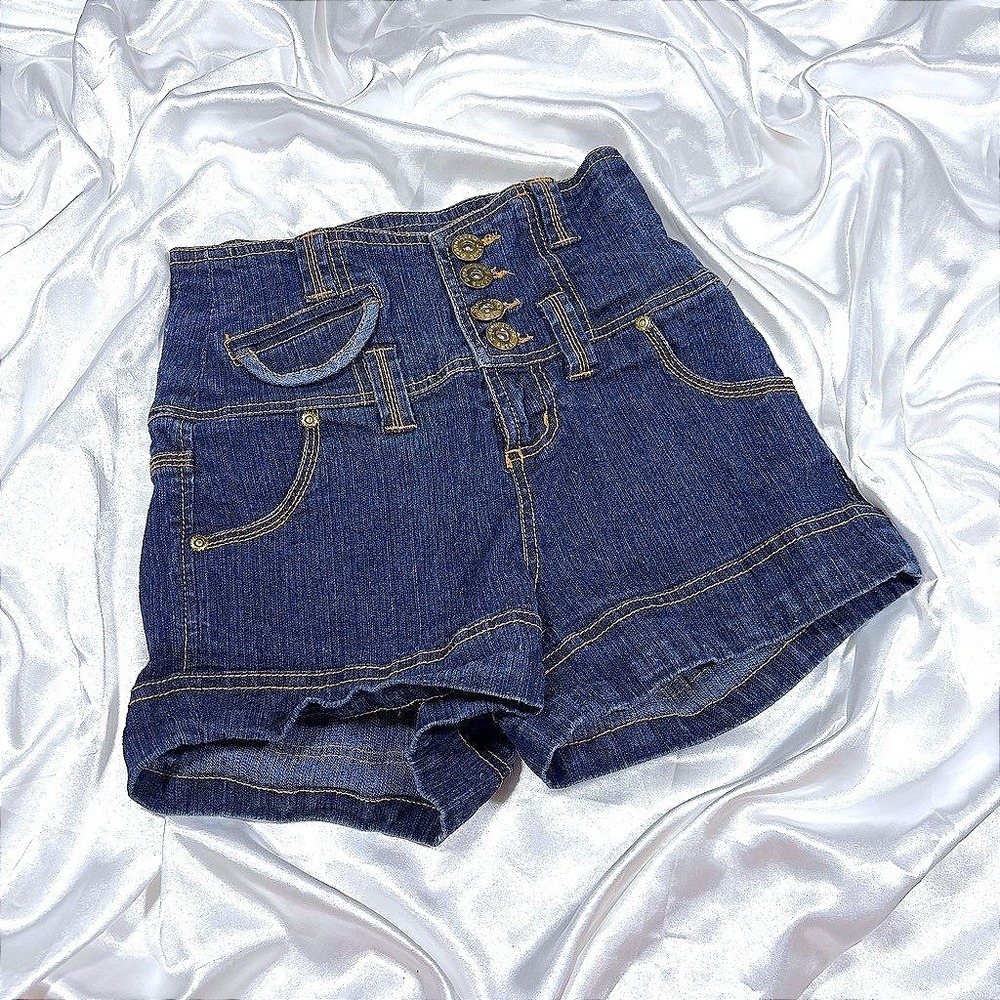 y2k High Waisted Denim Shorts Indigo 4-Button Fly Corset Waistband
